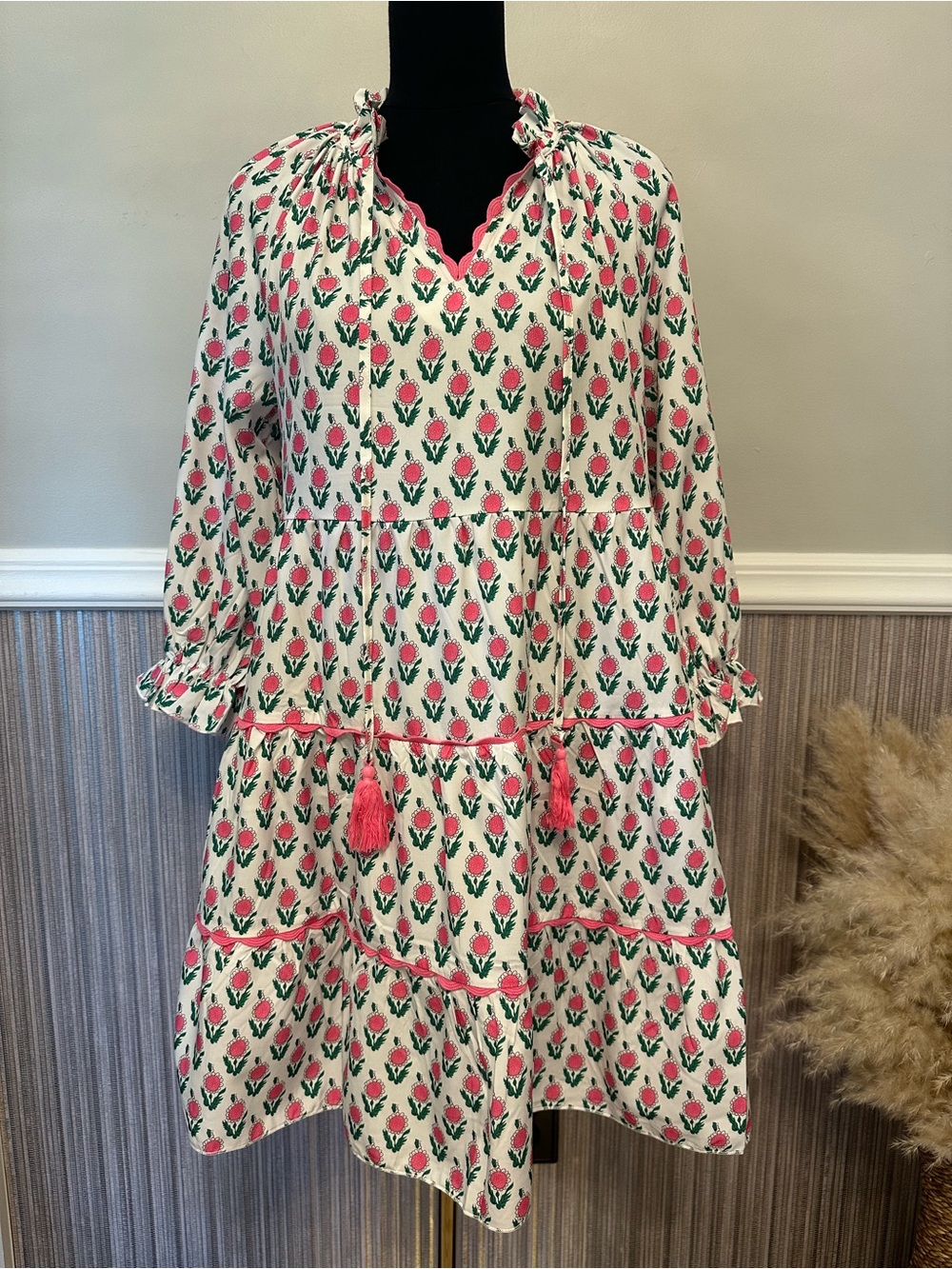 NWT Wenrine Floral Tiered Mini Dress Pink Green Tassel Tie Long Sleeve XL